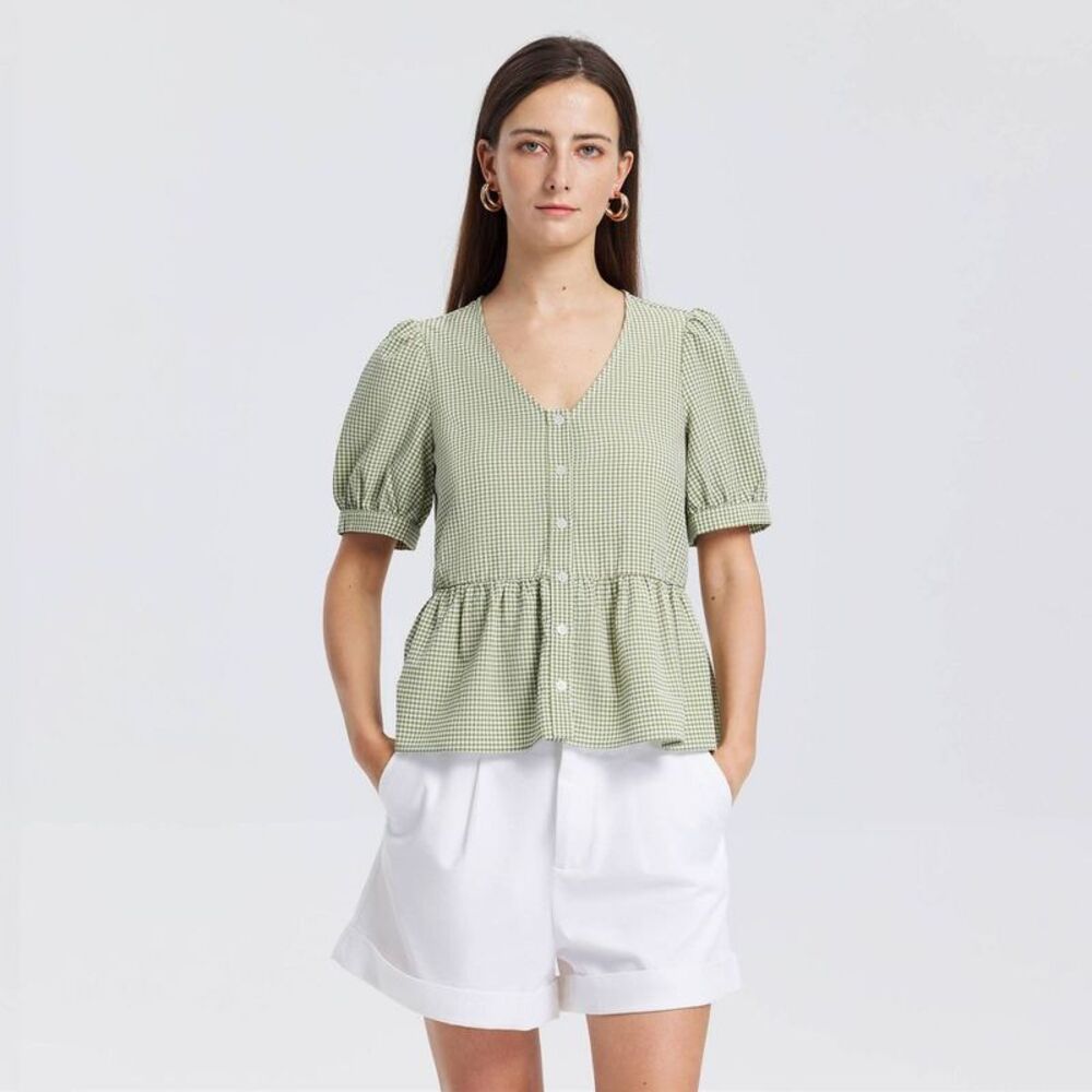 Women's Puff Elbow Sleeve V-Neck Peplum Top - Light Green Gingham Check M